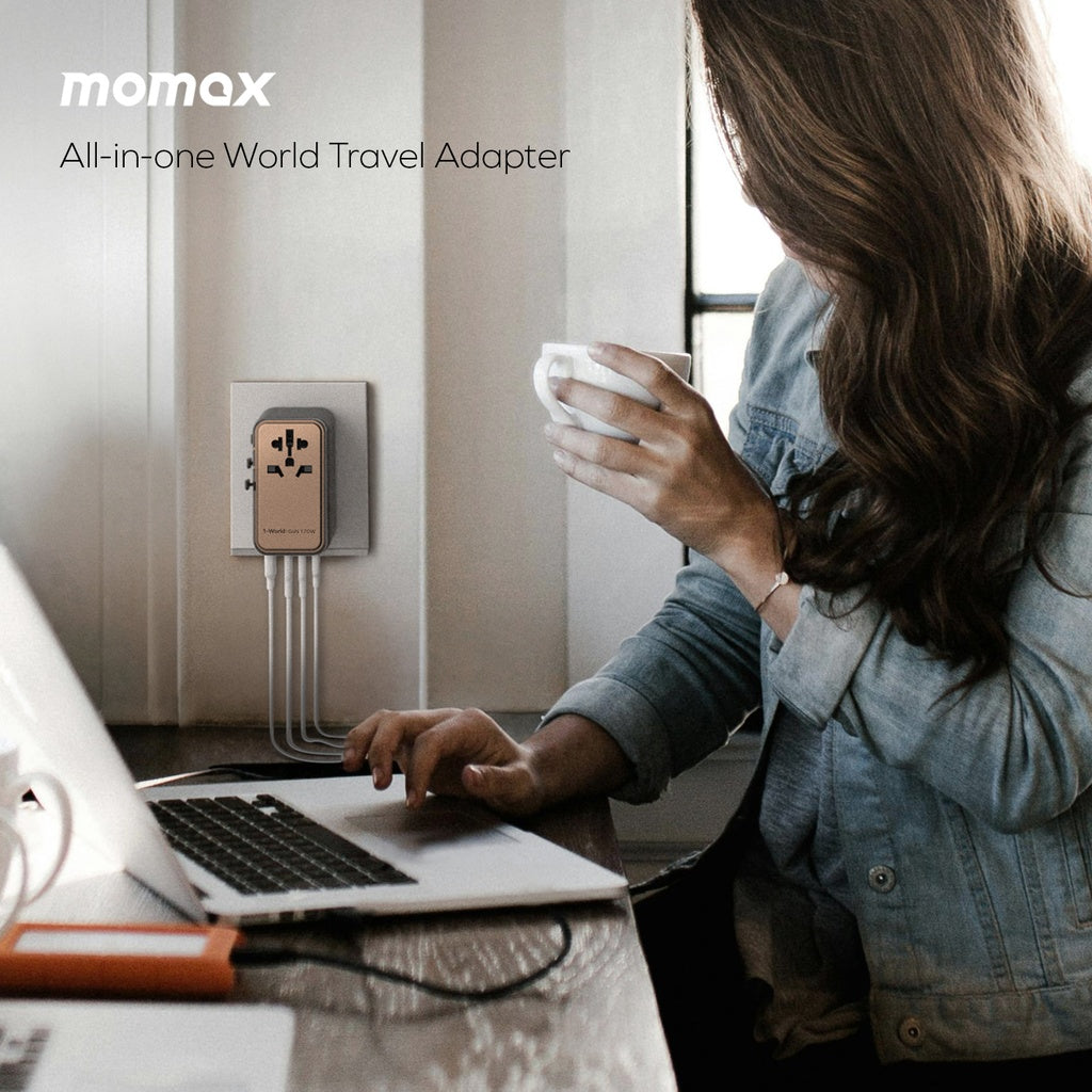 محول سفر Momax 1-World GaN بقدرة 170 واط | 4 منافذ + AC | تيتانيوم صحراوي محول سفر Momax 1-World GaN بقدرة 170 واط | 4 منافذ + AC | تيتانيوم صحراوي